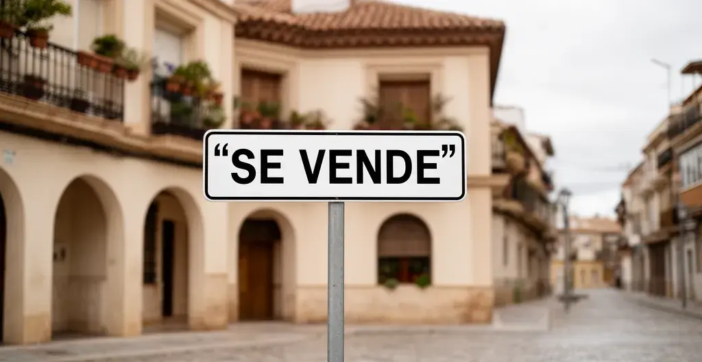 Cartel de Se Vende frente a edificio residencial español típico