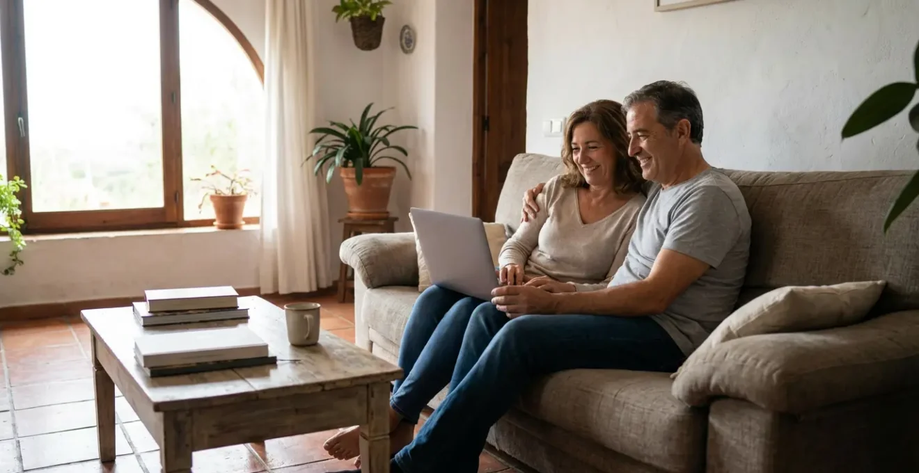 Pareja española evaluando opciones de agencias inmobiliarias en portátil