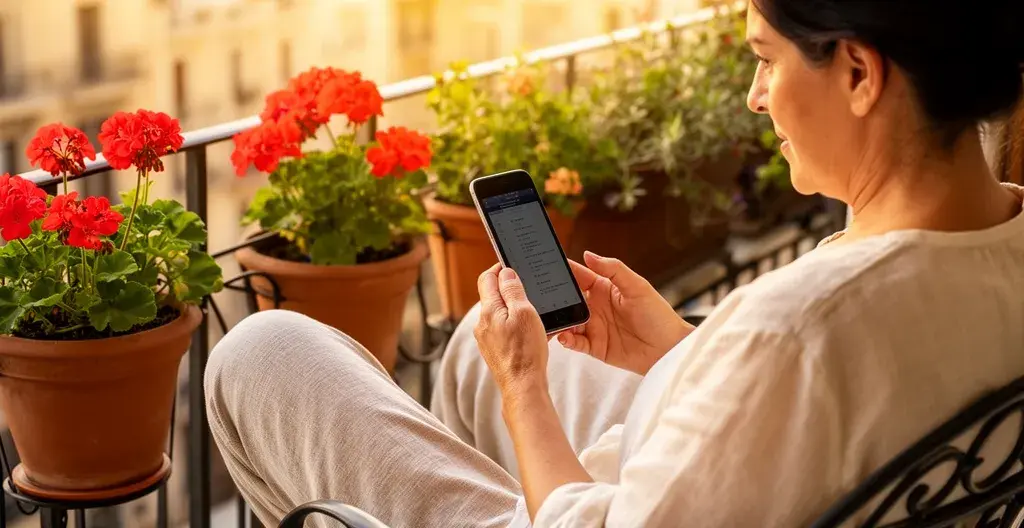 Mujer española consultando información inmobiliaria en smartphone desde terraza