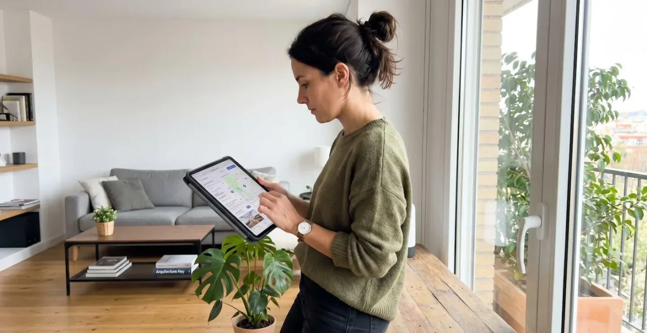 Persona de espaldas consultando datos de valoración inmobiliaria en una tablet en un salón moderno con luz natural