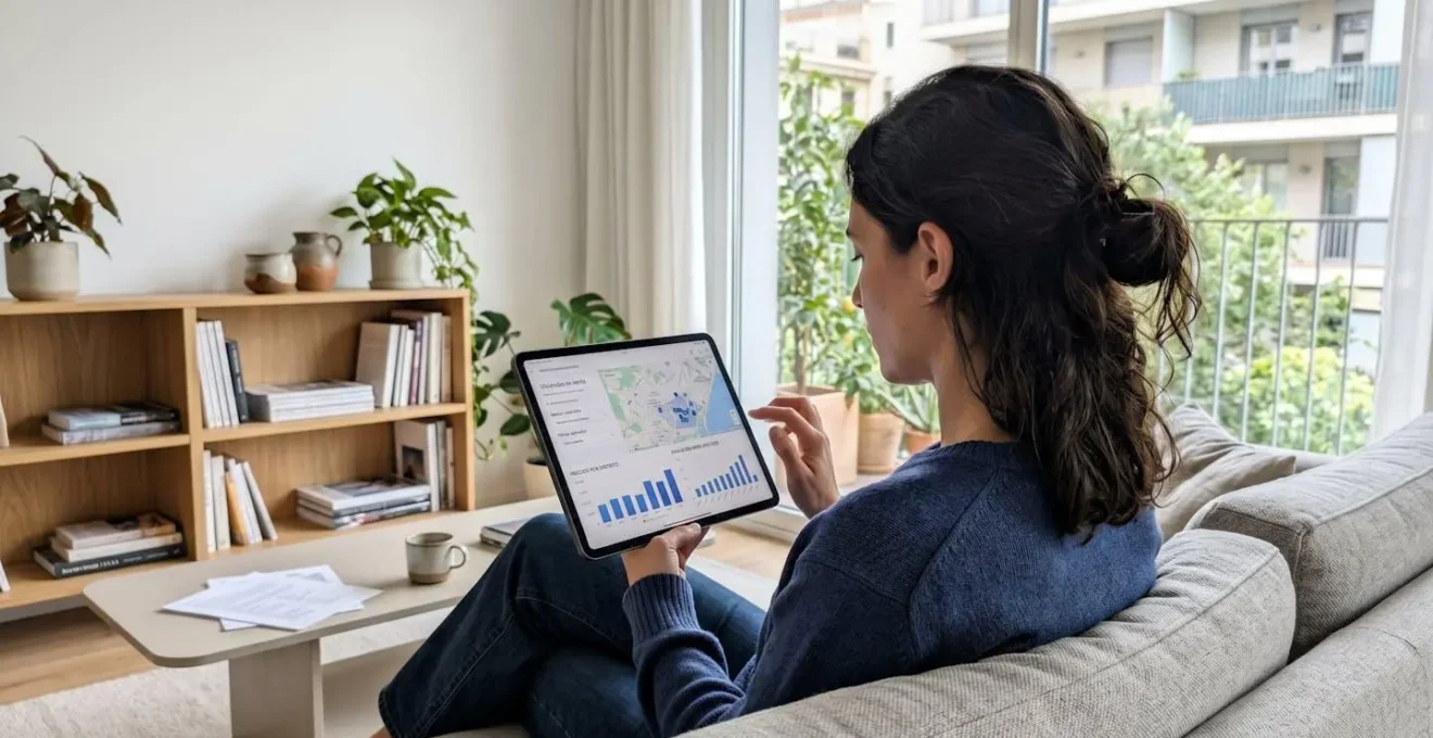 Persona de espaldas consultando datos de valoración inmobiliaria en una tablet en un salón moderno con luz natural