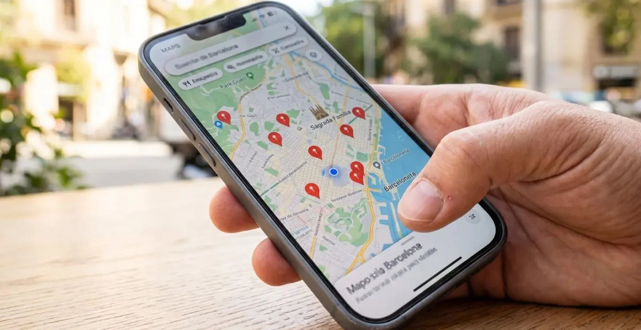 Primer plano de un smartphone moderno mostrando un mapa de Barcelona con marcadores de ubicación, sostenido por una mano