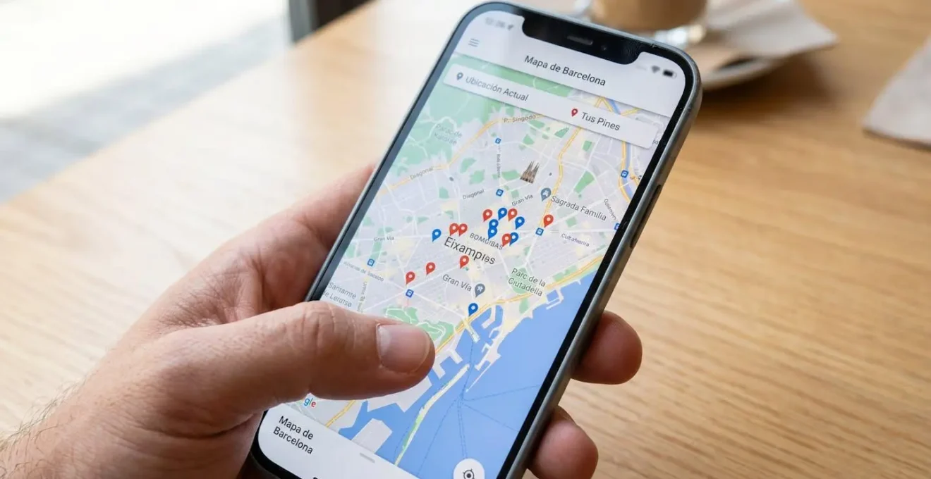 Primer plano de un smartphone moderno mostrando un mapa de Barcelona con marcadores de ubicación, sostenido por una mano