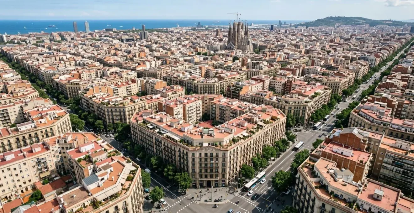 Vista aérea del barrio del Eixample en Barcelona con edificios modernistas característicos bajo luz natural diurna
