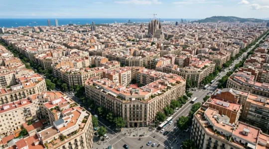 Vista aérea del barrio del Eixample en Barcelona con edificios modernistas característicos bajo luz natural diurna
